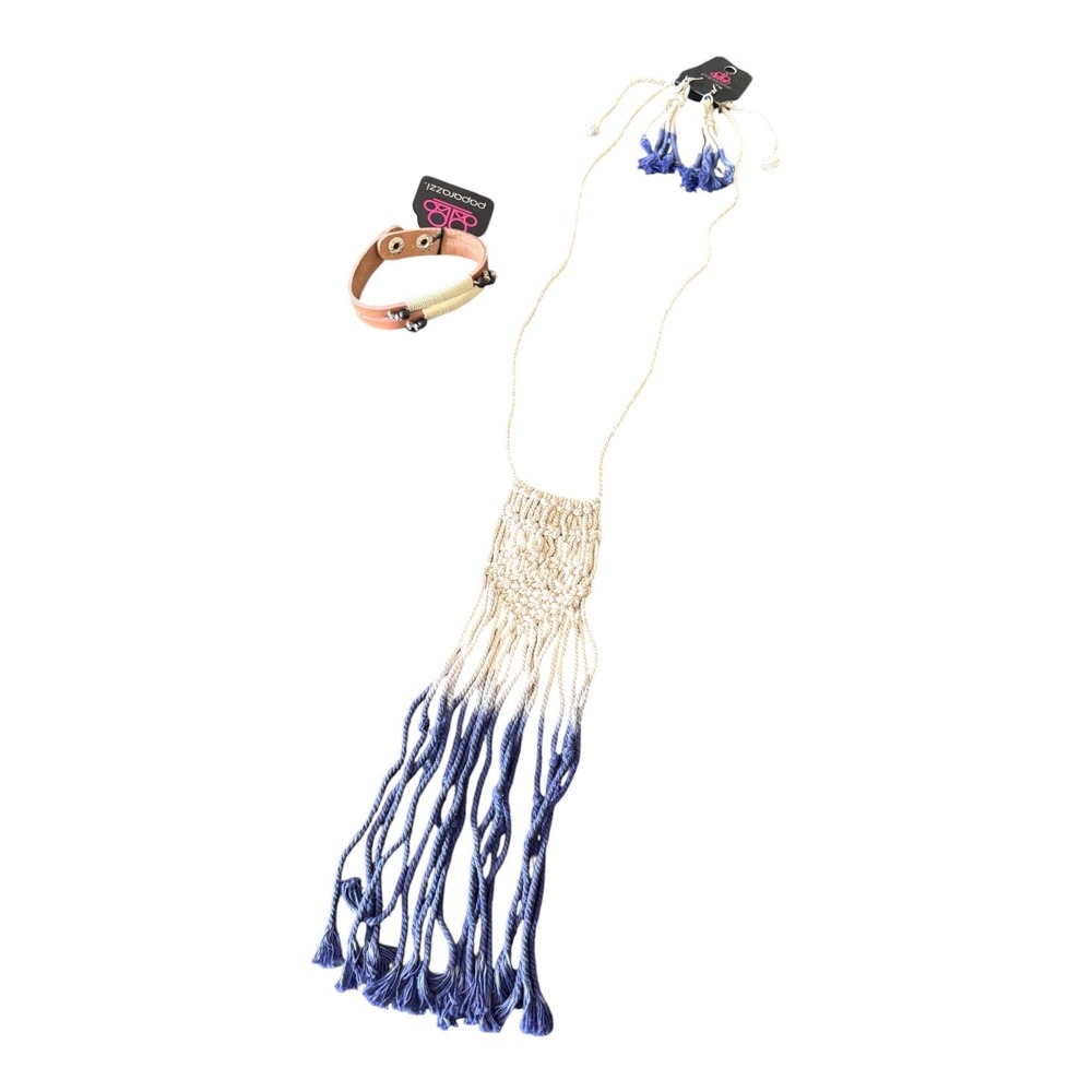 Paparazzi Macrame Fringe Necklace Set Blue Ombre Tassel Earrings Tan Bracelet - Picture 2 of 2